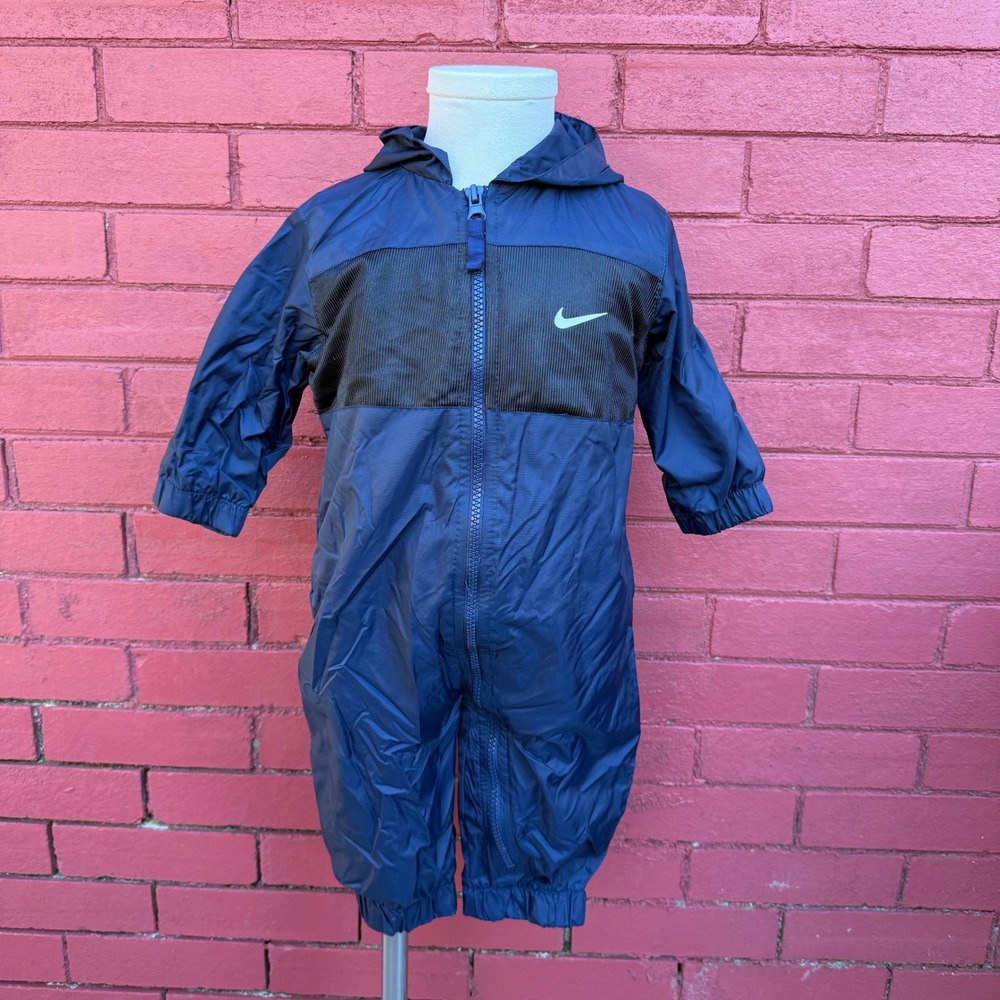 Vtg Y2K Nike Coveralls Infant Size 12M Hooded Lined Zip Up Navy Blue Streetwear